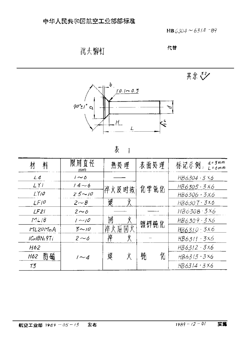 HB 6304-1989沉頭鉚釘