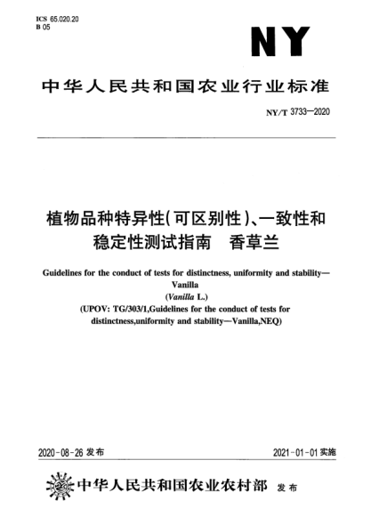 NY/T 3733-2020植物品種特異性（可區(qū)別性）、一致性和穩(wěn)定性測試指南 香草蘭