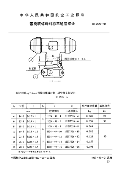 HB 7526-1997帶旋轉(zhuǎn)螺母對(duì)稱(chēng)三通管接頭