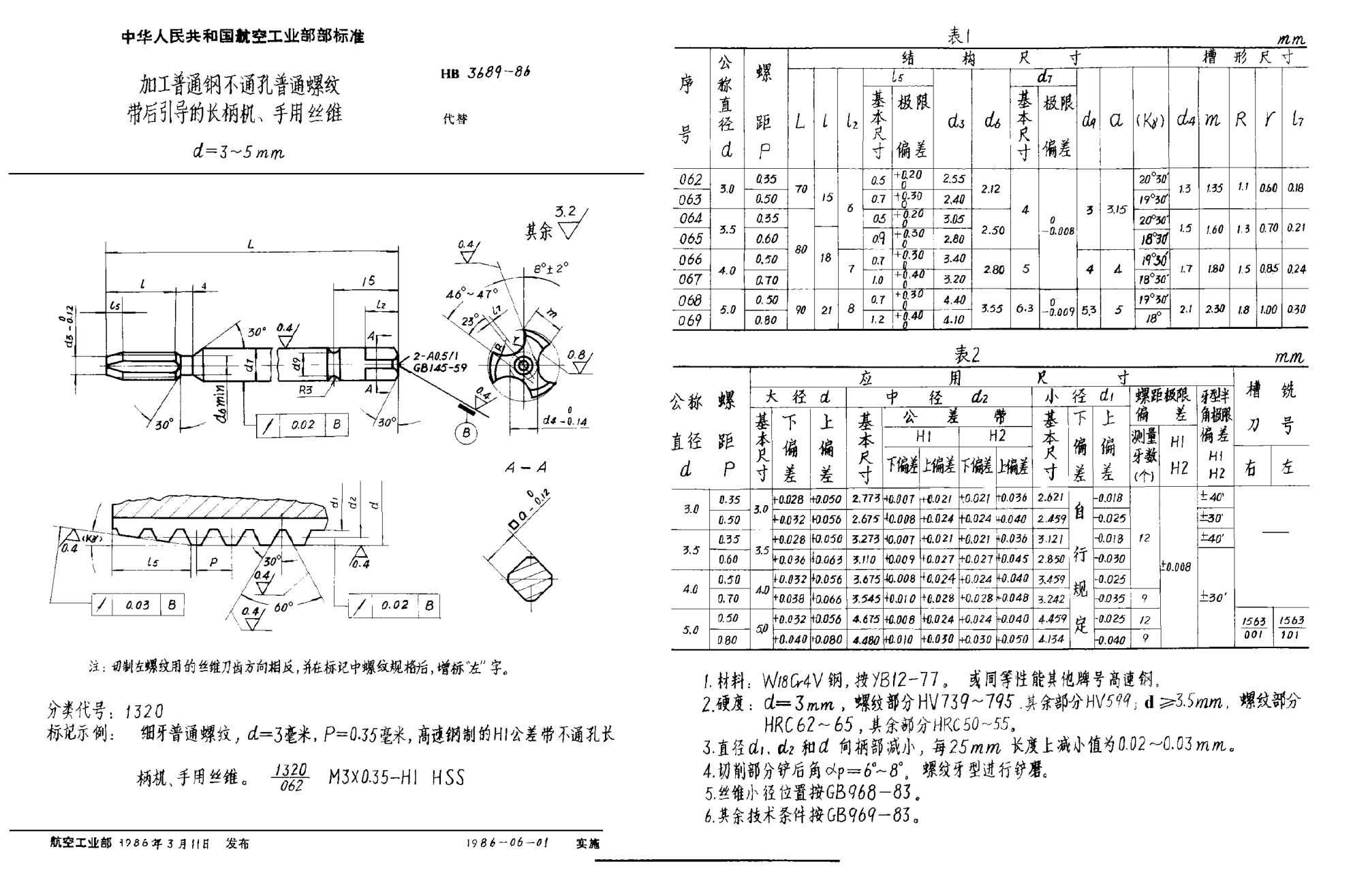 HB 3689-1986加工普通鋼不通孔普通螺紋帶后引導的長柄機、手用絲錐 d＝3~5mm
