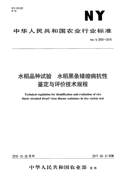 NY/T 2955-2016水稻品種試驗(yàn)  水稻黑條矮縮病抗性鑒定與評價(jià)技術(shù)規(guī)程