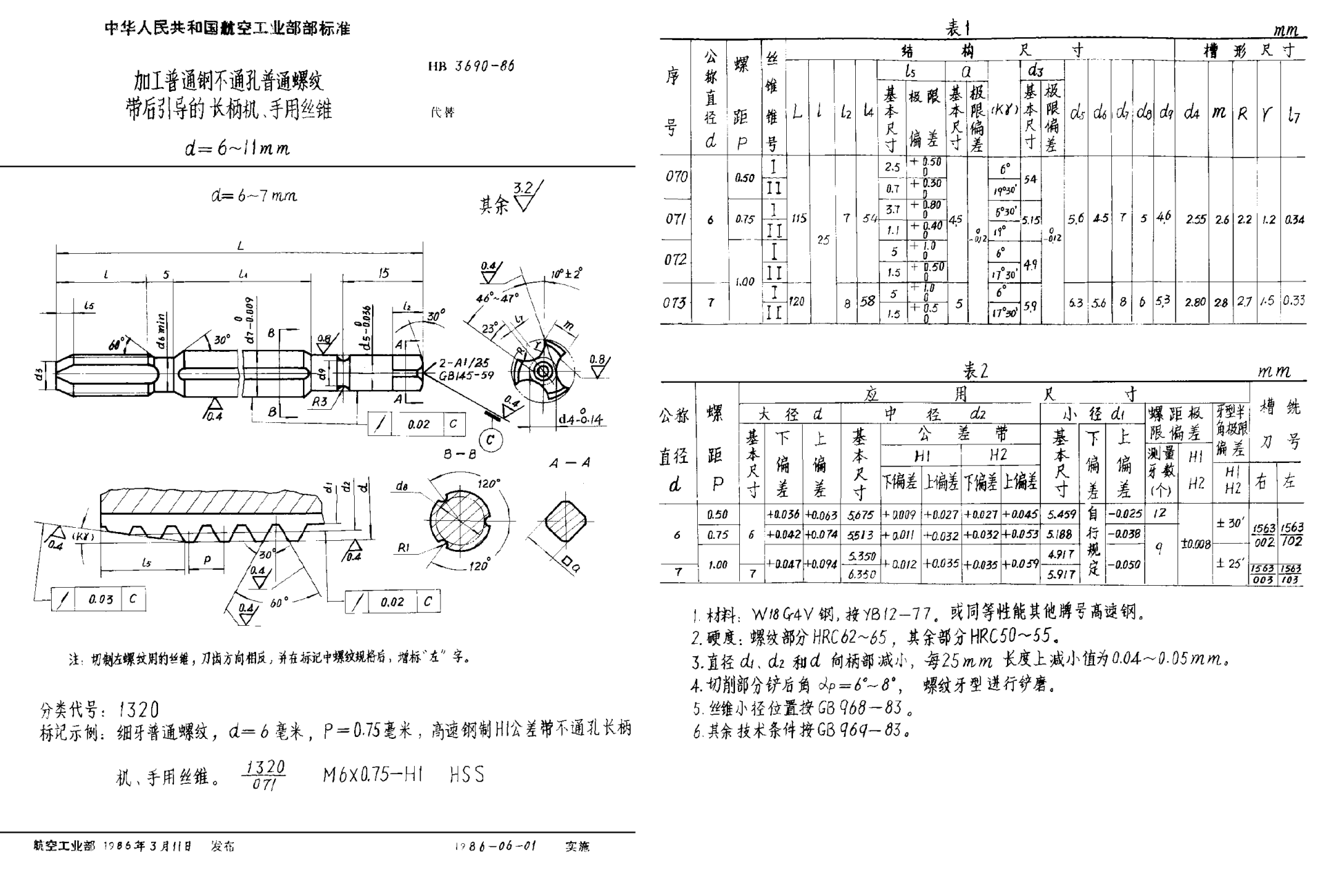 HB 3690-1986加工普通鋼不通孔普通螺紋帶后引導的長柄機、手用絲錐 d＝6~11mm