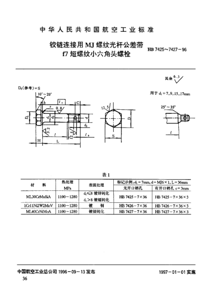 HB 7426-1996鉸鏈連接用ＭＪ螺紋光桿公差帶ｆ７短螺紋小六角頭螺栓
