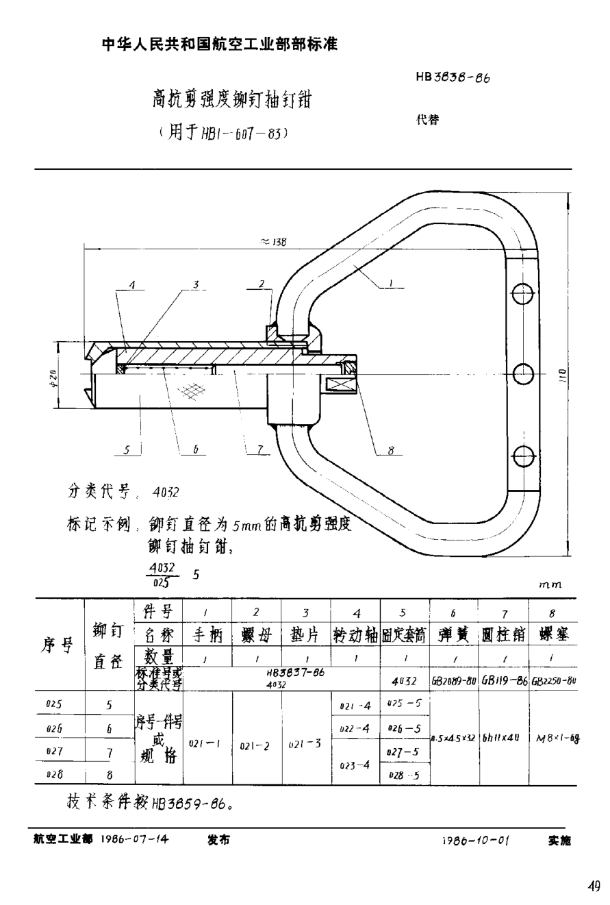 HB 3838-1986高抗剪強(qiáng)度鉚釘抽釘鉗 （用于ＨＢ １－６０７－８３）