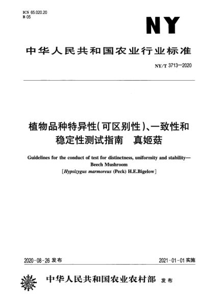 NY/T 3713-2020植物品種特異性（可區(qū)別性）、一致性和穩(wěn)定性測(cè)試指南 真姬菇
