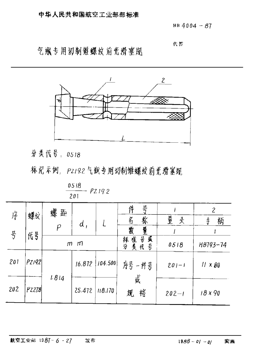 HB 4004-1987氣瓶專用切制錐螺紋前光滑塞規(guī)