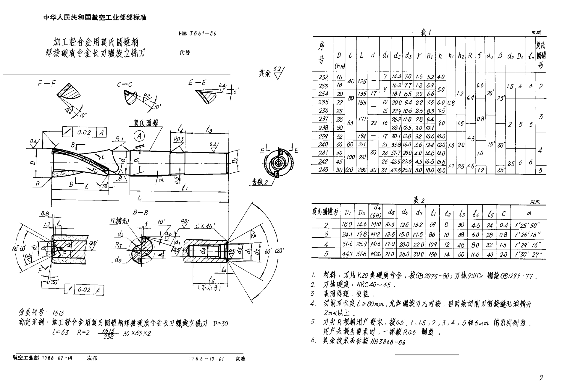 HB 3861-1986加工輕合金用莫氏圓錐柄焊接硬質(zhì)合金長(zhǎng)刃螺旋立銑刀