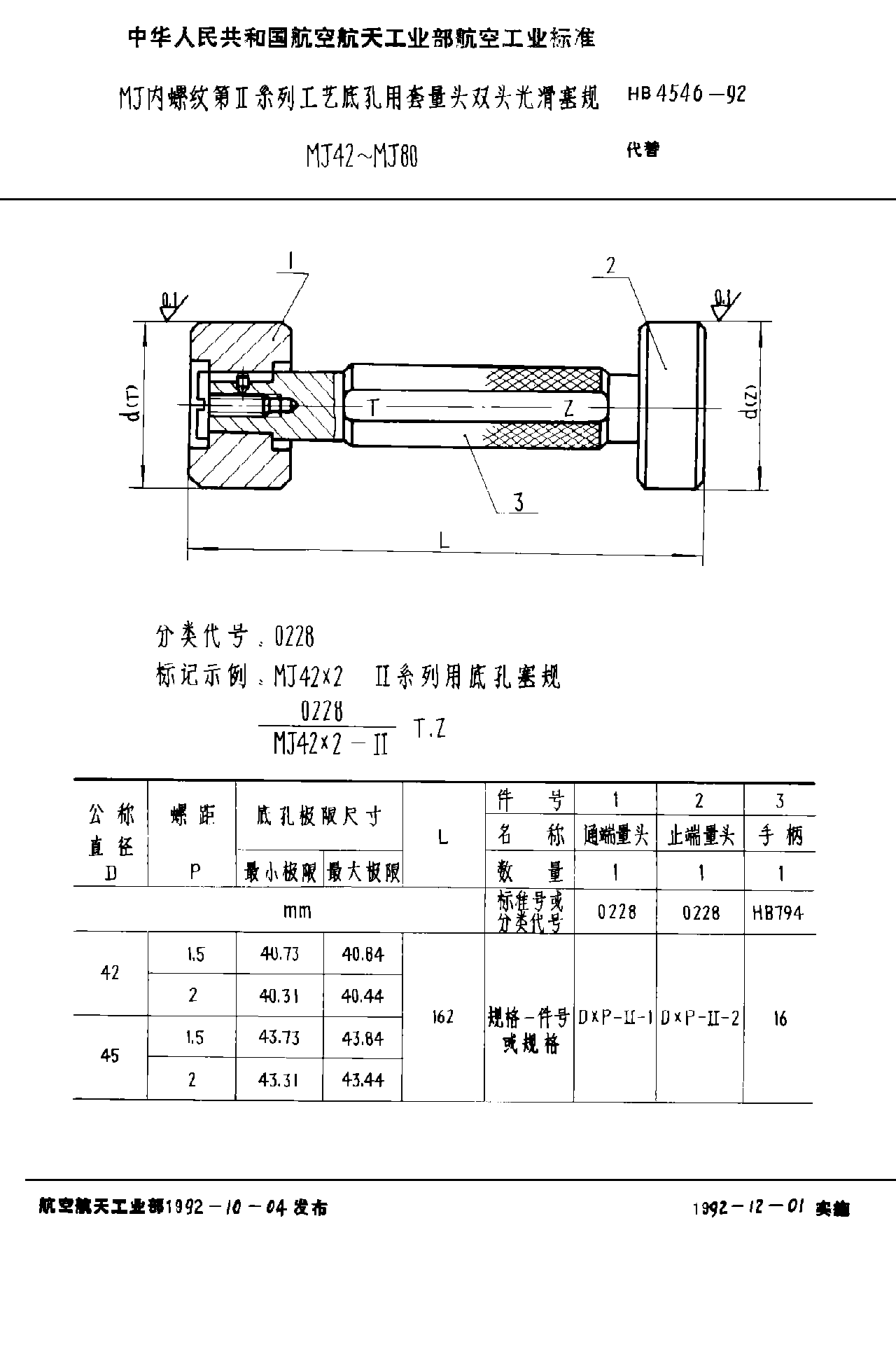 HB 4546-1992ＭＪ內(nèi)螺紋第Ⅱ系列工藝底孔用套量頭雙頭光滑塞規(guī) ＭＪ４２~ＭＪ８０