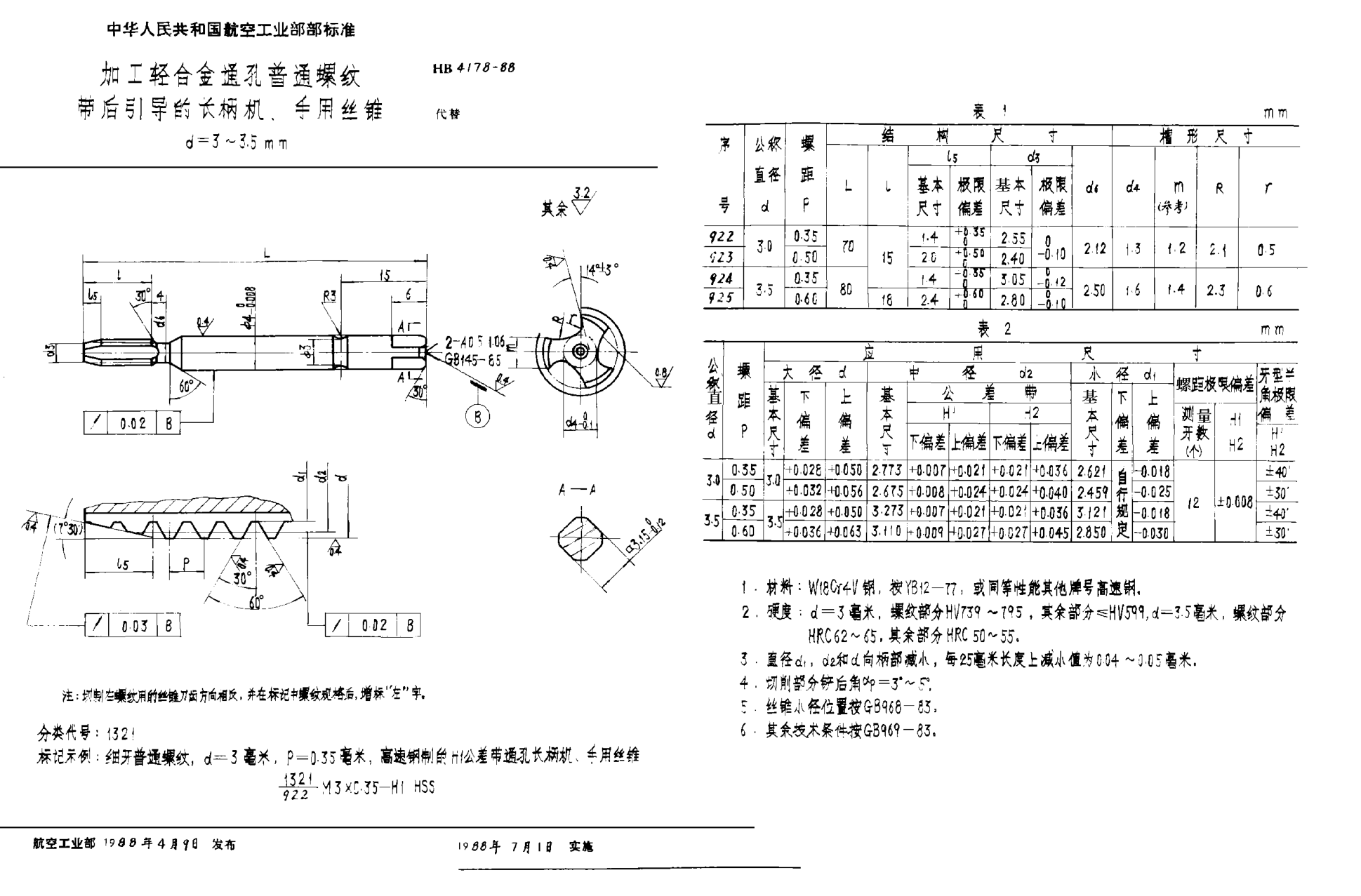 HB 4178-1988加工輕合金通孔普通螺紋帶后引導(dǎo)的長(zhǎng)柄機(jī)、手用絲錐 ｄ＝３~３．５ｍｍ