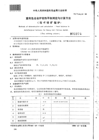 YS/T 118.12-1992重有色冶金爐窯熱平衡測(cè)定與計(jì)算方法(塔式鋅精餾爐)Methods of determination and calculation of heat balance in metallurgical furnaces for heavy non-ferrous metals (Zinc refining column)