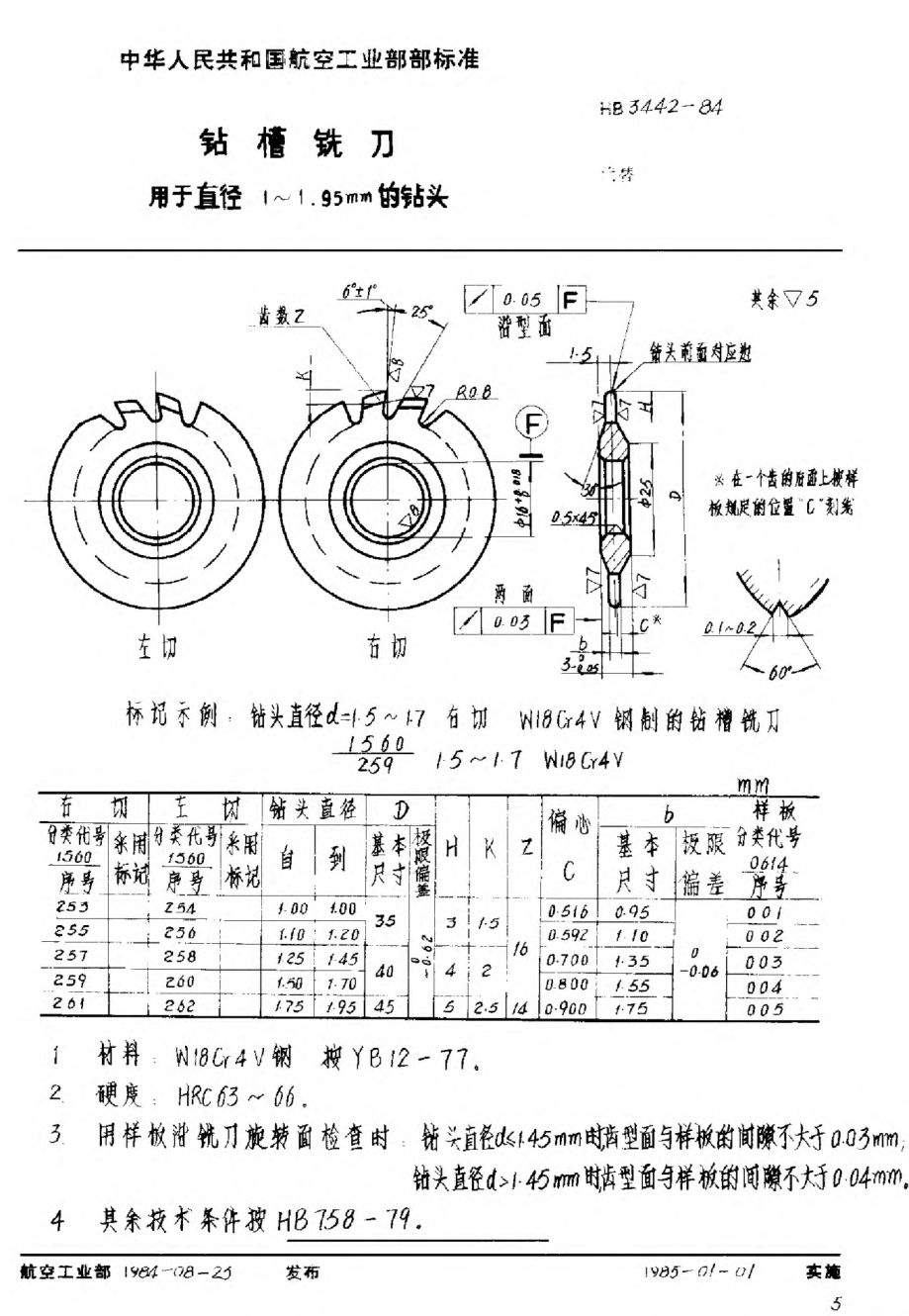 HB 3442-1984鉆槽銑刀 用于直徑1~1.95mm的鉆頭