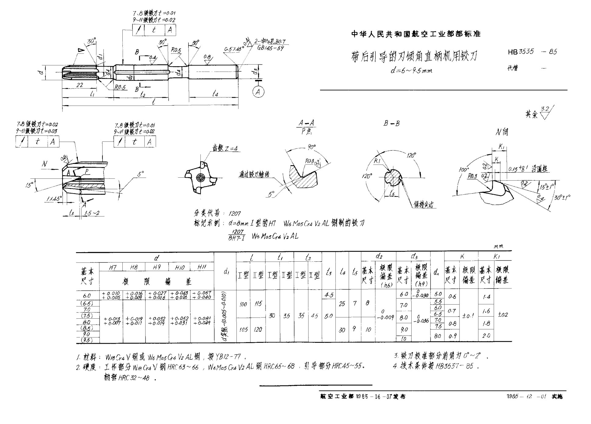 HB 3535-1985帶后引導(dǎo)的刃傾角直柄機用鉸刀 d＝6~9.5mm