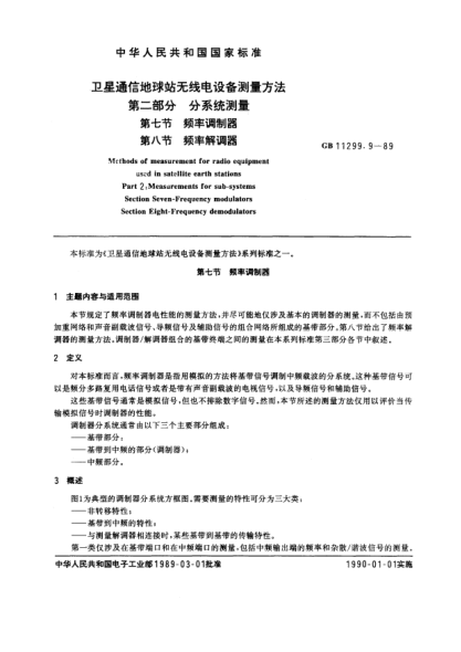 GB/T 11299.9-1989衛(wèi)星通信地球站無線電設(shè)備測量方法  第2部分:分系統(tǒng)測量  第7節(jié):頻率調(diào)制器  第8節(jié):頻率解調(diào)器