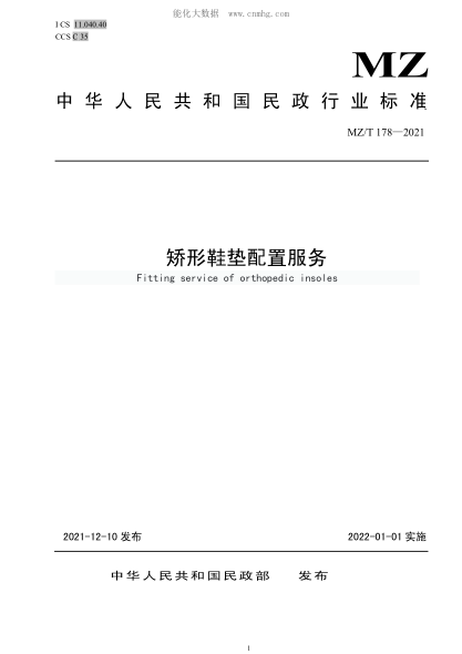 MZ/T 178-2021 矯形鞋墊配置服務