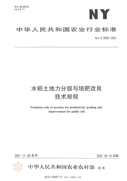  NY/T 3955-2021 水稻土地力分級(jí)與培肥改良技術(shù)規(guī)程