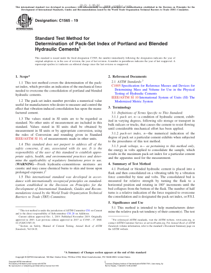 ASTM C1565-2019  Standard Test Method for Determination of Pack-Set Index of Portland and Blended Hydraulic Cements