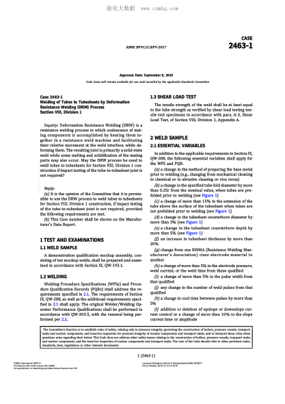 ASME BPVC-CC-BPV 2463-1-2017  Code Cases 2463-1:Boilers And Pressure Vessels
