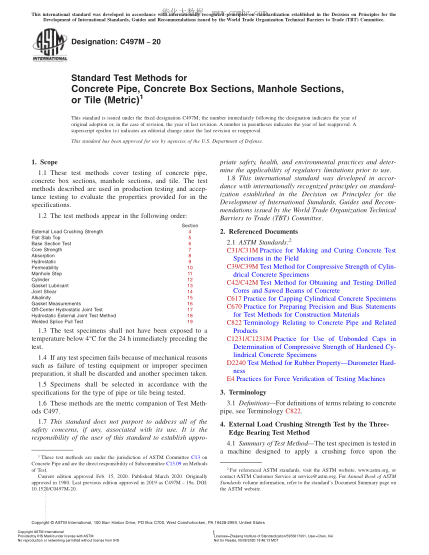 ASTM C497M-2020  Standard Test Methods for Concrete Pipe, Concrete Box Sections, Manhole Sections, or Tile (Metric)