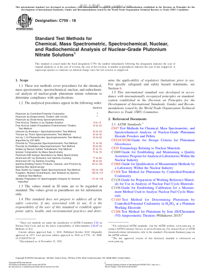 ASTM C759-2018  Standard Test Methods for Chemical, Mass Spectrometric, Spectrochemical, Nuclear, and Radiochemical Analysis of Nuclear-Grade Plutonium Nitrate Solutions