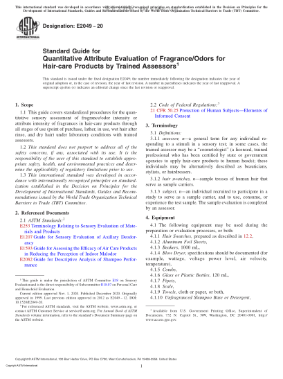 ASTM E2049-2020  Standard Guide for Quantitative Attribute Evaluation of Fragrance/Odors for Hair-care Products by Trained Assessors