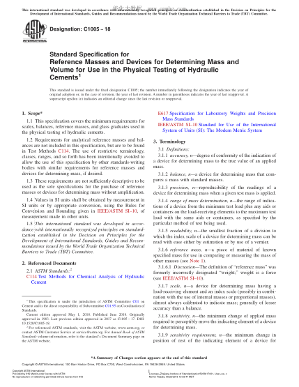 ASTM C1005-2018  Standard Specification for Reference Masses and Devices for Determining Mass and Volume for Use in the Physical Testing of Hydraulic Cements