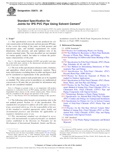 ASTM D2672-2020  Standard Specification for Joints for IPS PVC Pipe Using Solvent Cement