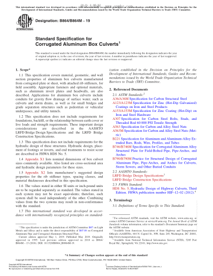 ASTM B864/B864M-2019 鋁制波紋箱形涵洞規(guī)格 Standard Specification for Corrugated Aluminum Box Culverts