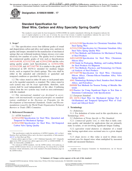 ASTM A1000/A1000M-2017 特種彈簧質(zhì)量級碳鋼絲及合金鋼絲規(guī)格 Standard Specification for Steel Wire,Carbon and Alloy Specialty Spring Quality
