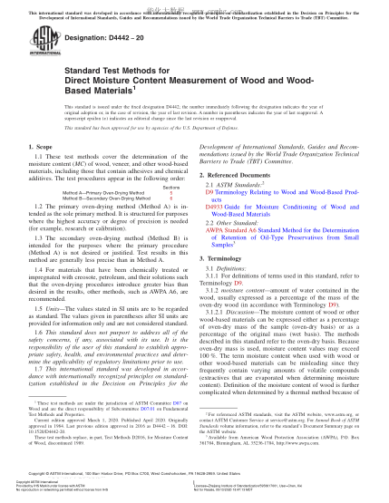 ASTM D4442-2020  Standard Test Methods for Direct Moisture Content Measurement of Wood and Wood-Based Materials