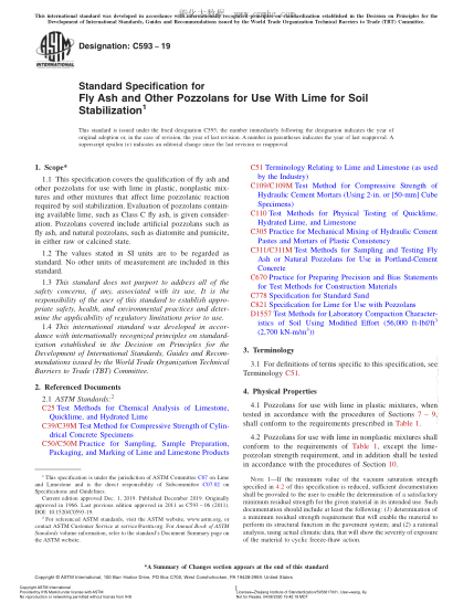 ASTM C593-2019土壤穩(wěn)定用與石灰一起使用的飛灰和其它火山灰規(guī)格Standard Specification for Fly Ash and Other Pozzolans for Use With Lime for Soil Stabilization