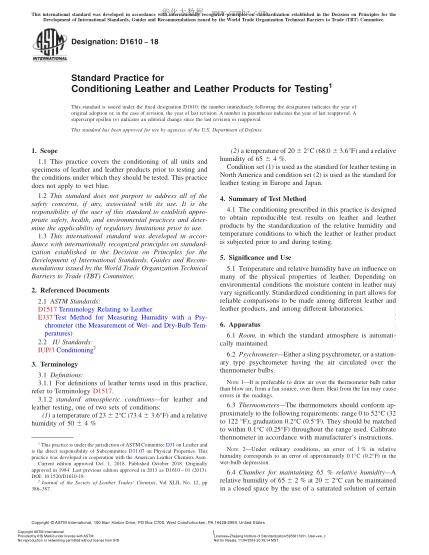 ASTM D1610-2018  Standard Practice for Conditioning Leather and Leather Products for Testing