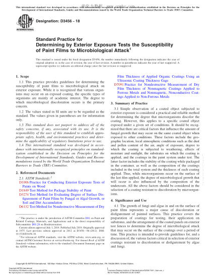 ASTM D3456-2018  Standard Practice for Determining by Exterior Exposure Tests the Susceptibility of Paint Films to Microbiological Attack