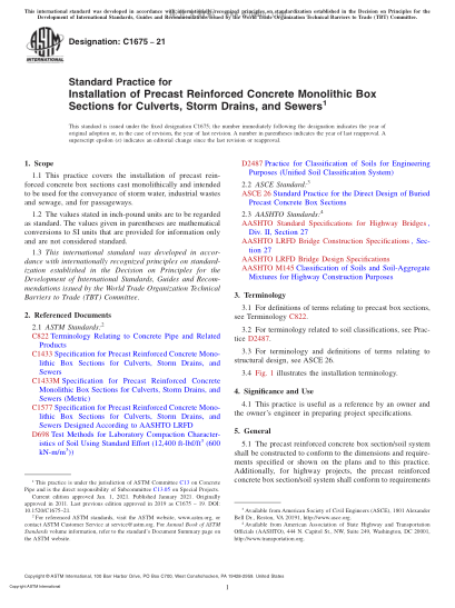 ASTM C1675-2021  Standard Practice for Installation of Precast Reinforced Concrete Monolithic Box Sections for Culverts, Storm Drains, and Sewers