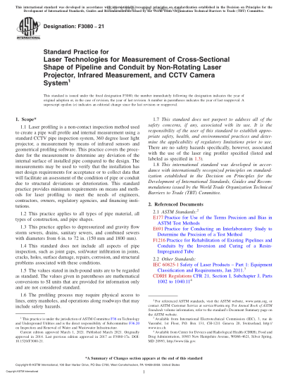 ASTM F3080-2021  Standard Practice for Laser Technologies for Measurement of Cross-Sectional Shape of Pipeline and Conduit by Non-Rotating Laser Projector, Infrared Measurement, and CCTV Camera System