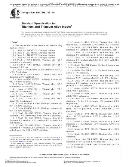 ASTM B977/B977M-2019  Standard Specification for Titanium and Titanium Alloy Ingots