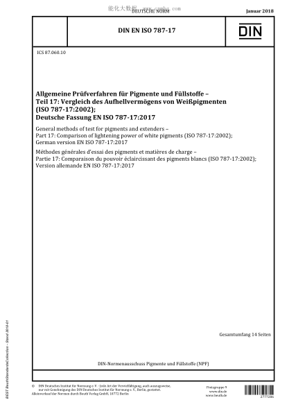 DIN EN ISO 787-17-2018  General methods of test for pigments and extenders - Part 17: Comparison of lightening power of white pigments (ISO 787-17:2002); German version EN ISO 787-17:2017