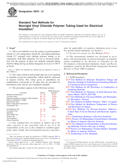 ASTM D876-2021  Standard Test Methods for Nonrigid Vinyl Chloride Polymer Tubing Used for Electrical Insulation