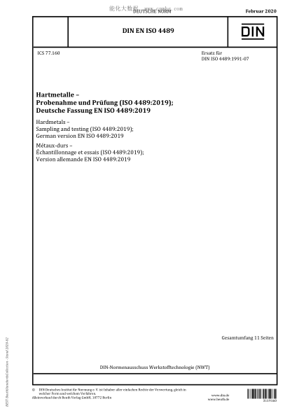DIN EN ISO 4489-2020  Hardmetals – Sampling and testing