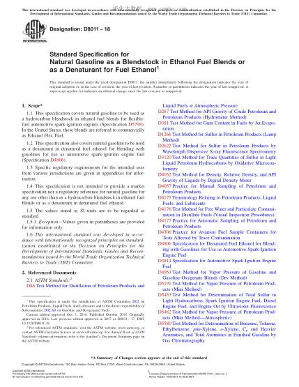 ASTM D8011-2018  Standard Specification for Natural Gasoline as a Blendstock in Ethanol Fuel Blends or as a Denaturant for Fuel Ethanol