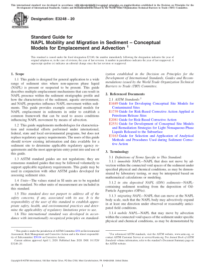 ASTM E3248-2020  Standard Guide for NAPL Mobility and Migration in Sediment –Conceptual Models for Emplacement and Advection