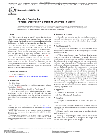 ASTM D4979-2019 廢物篩析的物理描述方法 Standard Practice for Physical Description Screening Analysis in Waste