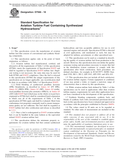 ASTM D7566-2018 含合成烴的航空渦輪燃料的規(guī)格 Standard Specification for Aviation Turbine Fuel Containing Synthesized Hydrocarbons