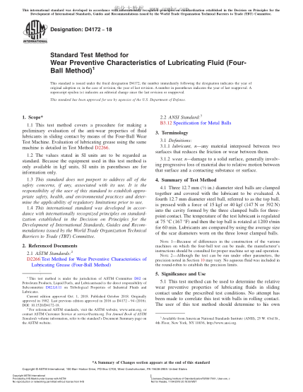 ASTM D4172-2018  Standard Test Method for Wear Preventive Characteristics of Lubricating Fluid (Four-Ball Method)
