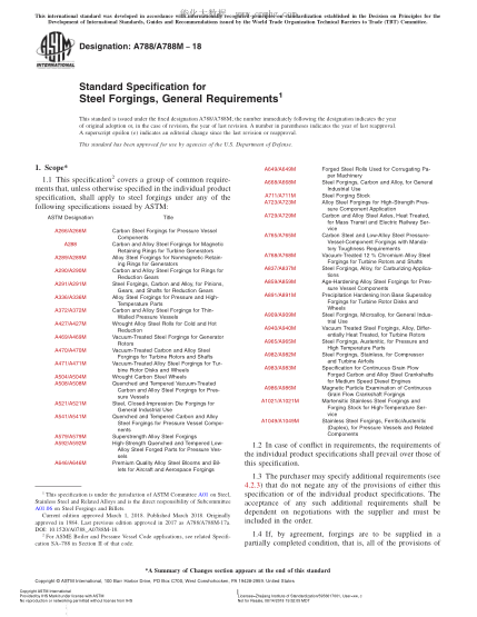 ASTM A788/A788M-2018 鋼鍛件一般要求規(guī)格 Standard Specification for Steel Forgings,General Requirements