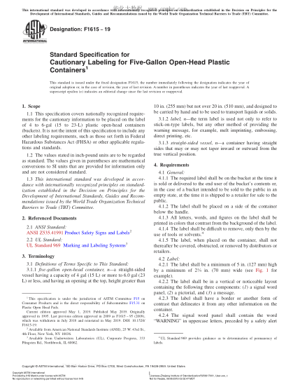 ASTM F1615-2019 5加侖開口塑料容器警示標簽規(guī)格 Standard Specification for Cautionary Labeling for Five-Gallon Open-Head Plastic Containers