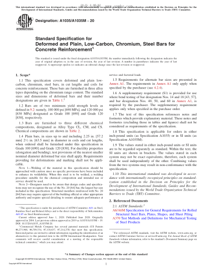 ASTM A1035/A1035M-2020Standard Specification for Deformed and Plain, Low-Carbon, Chromium, Steel Bars for Concrete Reinforcement