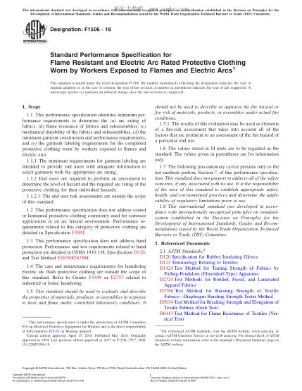 ASTM F1506-2018 暴露在火焰和電弧下工人穿用的耐燃耐電弧防護服性能規(guī)格 Standard Performance Specification for Flame Resistant and Electric Arc Rated Protective Clothing Worn by Workers Exposed to Flames and Electric Arcs
