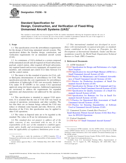 ASTM F3298-2018  Standard Specification for Design,Construction,and Verification of Fixed-Wing Unmanned Aircraft Systems (UAS)