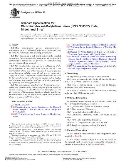 ASTM B688-2018 鉻鎳鉬鐵(UNS NO8366和UNS NO8367)中厚板、薄板及帶材規(guī)格 Standard Specification for Chromium-Nickel-Molybdenum-Iron (UNS N08367) Plate, Sheet, and Strip
