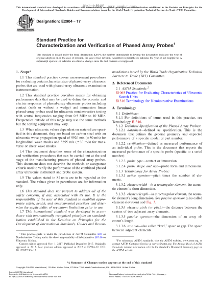 ASTM E2904-2017 相控陣探頭特性描述與檢驗(yàn)規(guī)程 Standard Practice for Characterization and Verification of Phased Array Probes